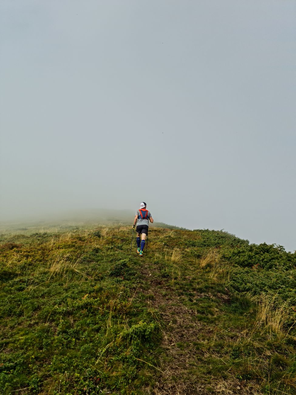 A solo runner climbs a grassy hill into the fog, capturing the essence of adventure and determination.